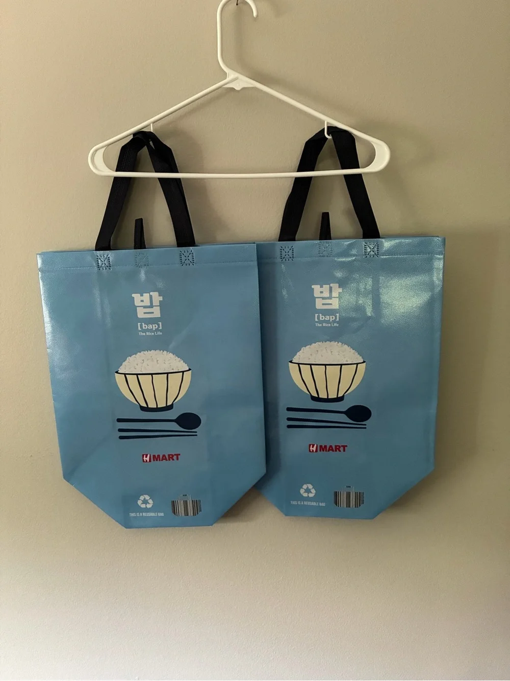 NWOT HMart “Bap / The Rice Life” Reusable Tote Bags – Lot of 2 – Blue Grocery Sh